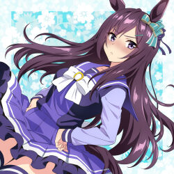 1girl animal_ears blush bow breasts closed_mouth collarbone commentary dutch_angle ear_ornament hair_ornament horse_ears horse_girl horse_tail long_hair long_sleeves looking_at_viewer medium_breasts mejiro_dober_(umamusume) nakahira_guy pleated_skirt purple_serafuku purple_shirt purple_skirt ribbon sailor_collar school_uniform serafuku shirt simple_background skirt solo tail textless_version tracen_school_uniform tsundere umamusume white_bow winter_uniform