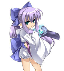 Rule 34 | 1girl, blue bow, bow, clenched hand, green eyes, hair between eyes, hair bow, hisame (shinrabanshou), holding, holding weapon, japanese clothes, katami shinta, kimono, long hair, long sleeves, looking at viewer, parted lips, pointy ears, ponytail, purple hair, sash, shinrabanshou, short kimono, simple background, solo, very long hair, weapon, white background