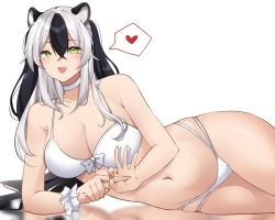 Rule 34 | 1girl, animal ears, bare arms, bare shoulders, black hair, blush, breasts, choker, cleavage, collarbone, commentary, commission, cowboy shot, green eyes, hair between eyes, heart, large breasts, long hair, lying, multicolored hair, navel, on side, open mouth, original, panda ears, pinepin, second-party source, simple background, solo, spoken heart, stomach, thighs, two-tone hair, two side up, white background, white choker, white hair, wrist cuffs