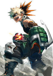 Rule 34 | 1boy, arm at side, armpit peek, bakugou katsuki, black footwear, black pants, black tank top, blonde hair, blurry, blurry foreground, boku no hero academia, boots, combat boots, commentary, debris, detached sleeves, dust, explosive, eye mask, feet out of frame, from side, furrowed brow, gloves, glowing, glowing hand, green gloves, grenade, hand up, headgear, highres, imminent explosion, knee boots, knee pads, leaning forward, looking to the side, male focus, open mouth, pants, red eyes, rock, sanpaku, sanwood mori, short hair, sideways mouth, sleeveless, smile, solo, spiked hair, standing, tank top, turning head, two-tone gloves