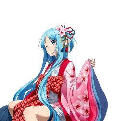 Rule 34 | 1girl, ;), asuna (sao-alo), blue eyes, blue hair, bow, closed eyes, flower, hair flower, hair ornament, hair ribbon, japanese clothes, kimono, long hair, one eye closed, pink flower, pointy ears, red bow, red ribbon, ribbon, sitting, smile, solo, sword art online, thigh strap, transparent background, very long hair