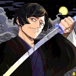 Rule 34 | 1boy, absurdres, akane-banashi, arakawa ikken, black hair, brown eyes, cloud, facial hair, highres, holding, holding sword, holding weapon, japanese clothes, kimono, kiroiimendako, male focus, mature male, moon, mustache, night, outdoors, solo, sword, upper body, weapon