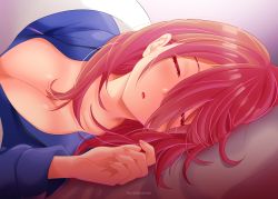 Rule 34 | 1girl, bed, bed sheet, blanket, breasts, cleavage, closed eyes, facing viewer, go-toubun no hanayome, highres, large breasts, lying, nakano miku, on bed, on side, red hair, sleeping, solo