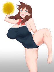 Rule 34 | 1girl, amano megumi, amano megumi wa suki darake!, aqua eyes, blue one-piece swimsuit, blush, bow, bowtie, breasts, brown hair, cheerleader, covered erect nipples, covered navel, highres, huge breasts, large breasts, long hair, navel, nekoshoko, one-piece swimsuit, open mouth, pom pom (cheerleading), school swimsuit, skin tight, solo, spread legs, swimsuit, teeth, twintails