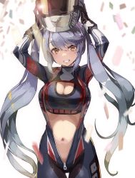 Rule 34 | 1girl, arms up, azur lane, biker clothes, bikesuit, blue bodysuit, blue hair, blue sports bra, bodysuit, breasts, cleavage, confetti, cowboy shot, essex (azur lane), gloves, grin, helmet, highres, large breasts, long hair, looking at viewer, navel, nishii (damnedrive), smile, sports bra, swept bangs, thigh gap, twintails, unzipped, yamaha, yellow eyes