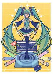 Rule 34 | 1girl, blue eyes, blue hair, cable, collared shirt, computer, detached sleeves, full body, glowstick, hatsune miku, headset, highres, holding, ka ice ha, laptop, long hair, long sleeves, mouse (computer), necktie, open mouth, pleated skirt, shirt, skirt, sleeveless, sleeveless shirt, smile, solo, twintails, very long hair, vocaloid
