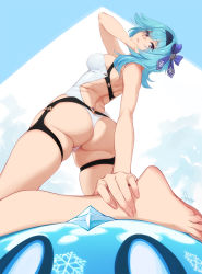 Rule 34 | 1girl, ass, ass focus, backless swimsuit, barefoot, blue hair, breasts, eula (genshin impact), feet, feguimel, foreshortening, genshin impact, hair ribbon, hairband, highres, looking at viewer, medium breasts, parted lips, purple eyes, ribbon, skindentation, slime (genshin impact), solo, swimsuit, thighs