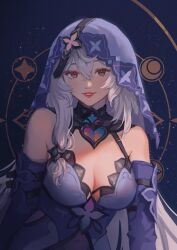 Rule 34 | 1girl, bare shoulders, black swan (honkai: star rail), breasts, brown eyes, cleavage, commentary, dress, elbow gloves, gloves, grey hair, grin, highres, honkai: star rail, honkai (series), large breasts, long hair, looking at viewer, purple dress, red lips, smile, solo, upper body, veil, very long hair, wernope