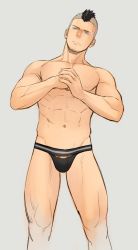 Rule 34 | 1boy, black hair, blue eyes, facial hair, facial mark, fist in hand, frown, itto (mentaiko), looking at viewer, male focus, muscular, navel, original, short hair, simple background, sketch, solo, standing, stubble, underwear, underwear only, very short hair