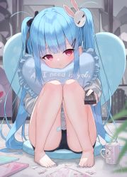Rule 34 | 1girl, bandaid, bandaid on leg, barefoot, black bow, black shorts, blue hair, blue nails, bow, rabbit hair ornament, closed mouth, commentary request, controller, cup, english text, frilled pillow, frills, grey shirt, hair bow, hair ornament, hairclip, highres, holding, knees up, long hair, long sleeves, looking at viewer, mug, nail polish, hugging object, original, pigeon-toed, pillow, pillow hug, red eyes, remote control, shirt, short shorts, shorts, sitting, sleeves past wrists, smile, solo, toenail polish, toenails, tsukiman, twintails, very long hair