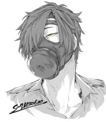Rule 34 | 1boy, adam&#039;s apple, character request, chikuwa (dr0603), collared shirt, gas mask, greyscale, hair over one eye, head tilt, highres, looking at viewer, male focus, mask, monochrome, one eye covered, portrait, shirt, short hair, sideways glance, simple background, solo, spot color, tattoo, touken ranbu, yellow eyes