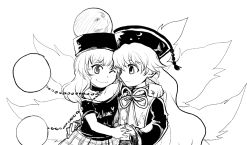 Rule 34 | 2girls, arm over shoulder, bare shoulders, chain, chinese clothes, clothes writing, collar, dress, greyscale, hat, hecatia lapislazuli, junko (touhou), long hair, long sleeves, monochrome, multiple girls, one eye closed, shirt, skirt, smile, t-shirt, tabard, tako (plastic protein), touhou, very long hair, wide sleeves