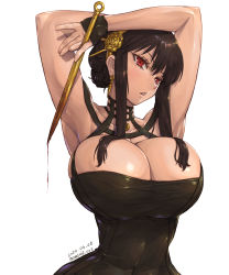 Rule 34 | 1girl, alternate breast size, amania orz, armpits, arms up, blood, bloody weapon, breasts, bursting breasts, cleavage, dagger, earrings, fingernails, gold earrings, gold hairband, hairband, highres, holding, holding dagger, holding knife, holding weapon, huge breasts, jewelry, knife, narrow waist, simple background, solo, spy x family, stiletto (weapon), weapon, white background, wide hips, yor briar