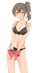 Rule 34 | 1girl, absurdres, bikini, black bikini, bound, breasts, brown eyes, brown hair, cleavage, commentary request, contrapposto, cowboy shot, frilled bikini, frills, highres, kaga (kancolle), kantai collection, long hair, maonatten, ribbon, side ponytail, simple background, solo, swimsuit, white background
