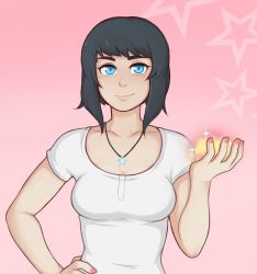 Rule 34 | 1girl, black hair, blue hair, breasts, cleavage, dross, jewelry, makeup, nail polish, necklace, short hair, smile, sue lightning, suzi (the sphere hunter)