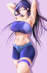 Rule 34 | 1girl, absurdres, armpits, arms up, bandeau, bare arms, bare shoulders, blue shorts, breasts, clorinde (genshin impact), cowboy shot, dreamday, drop shadow, earrings, genshin impact, hair tie in mouth, highres, jewelry, large breasts, long hair, looking at viewer, midriff, mouth hold, navel, purple background, purple eyes, purple hair, shorts, simple background, solo, standing, stomach, strapless, thigh strap, thighs, tube top, very long hair