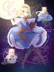Rule 34 | 1girl, absurdres, alice margatroid, apron, arm up, axe, battle axe, black pantyhose, blonde hair, blue dress, blue eyes, book, boots, bow, brown footwear, capelet, cross-laced footwear, doll joints, dress, floating, frilled skirt, frills, full body, full moon, grimoire of alice, hair bow, hairband, heart, heart of string, highres, holding, holding book, holding weapon, joints, knee boots, lolita hairband, long hair, looking at viewer, moon, neck ribbon, night, night sky, outdoors, pantyhose, petticoat, puffy short sleeves, puffy sleeves, rapier, red ribbon, ribbon, sash, sh1 (shanghaidoll), shanghai doll, short hair, short sleeves, sidelocks, skirt, sky, smile, solo, star (sky), starry sky, string, string of fate, sword, touhou, waist apron, weapon, white capelet