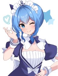 Rule 34 | 1girl, ;), anchor symbol, blue bow, blue bowtie, blue dress, blue eyes, blue hair, blue ribbon, bow, bowtie, breasts, cet (hajisirazunoko), cleavage, closed mouth, commentary request, cosplay, dress, framed breasts, hair ribbon, highres, hololive, hoshimachi suisei, light blush, looking at viewer, maid, maid headdress, medium hair, minato aqua, minato aqua (1st costume), minato aqua (cosplay), one eye closed, puffy short sleeves, puffy sleeves, ribbon, see-through, see-through cleavage, short sleeves, side ponytail, sidelocks, small breasts, smile, solo, star (symbol), star in eye, symbol in eye, underbust, virtual youtuber, wrist cuffs