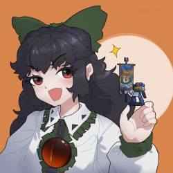 Rule 34 | 1girl, banner, bigcat 114514, black hair, blouse, blush, bow, buttons, collared shirt, commentary, english commentary, figure, green bow, hair bow, highres, holding, long hair, long sleeves, looking at viewer, open mouth, orange background, red eyes, reiuji utsuho, shirt, solo, third eye, touhou, ultramarines, upper body, warhammer 40k, wavy hair, white shirt