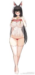 Rule 34 | 1girl, aged up, alternate breast size, animal ear fluff, animal ears, azur lane, batsu, black hair, breasts, camisole, fox ears, fox mask, full body, large breasts, long hair, looking at viewer, mask, mask on head, nagato (azur lane), nagato (great fox&#039;s respite) (azur lane), nipples, no bra, official alternate costume, panties, red panties, ribbon-trimmed legwear, ribbon trim, see-through, side-tie panties, solo, standing, thighhighs, underwear, very long hair, white thighhighs, yellow eyes