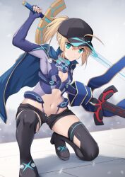 Rule 34 | ahoge, artoria pendragon (fate), baseball cap, black hat, black shorts, black thighhighs, blonde hair, blue jacket, boots, cross (crossryou), dual wielding, excalibur (fate/stay night), excalibur morgan (fate), fate/grand order, fate (series), gloves, green eyes, hair between eyes, hair through headwear, hat, highres, himitsucalibur (fate), holding, holding sword, holding weapon, jacket, jacket on shoulders, long hair, looking at viewer, mysterious heroine x (fate), mysterious heroine x (third ascension) (fate), navel, open clothes, open shorts, ponytail, shorts, solo, sword, thigh boots, thighhighs, track jacket, weapon