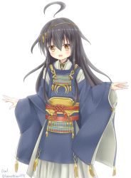 Rule 34 | 10s, 1girl, ahoge, azel (laevateinn495), black hair, brown eyes, cosplay, japanese clothes, kantai collection, long hair, looking at viewer, mikazuki (kancolle), mikazuki munechika, mikazuki munechika (cosplay), name connection, simple background, solo, touken ranbu, twitter username, white background