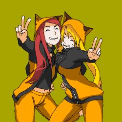 Rule 34 | 2girls, age difference, animal ears, animal hood, black jacket, black shirt, blonde hair, breast press, breasts, closed eyes, facial mark, facing viewer, family, genderswap, genderswap (mtf), green background, grin, hair ornament, hairclip, hand on own hip, hand up, happy, hip focus, hood, hood up, jacket, large breasts, leg lift, leg up, long hair, long sleeves, lowres, matching outfits, medium breasts, midriff, mother and daughter, multicolored clothes, multicolored jacket, multiple girls, naruko (naruto), naruto, naruto (series), naruto shippuuden, navel, numahayashi, oekaki, open clothes, open jacket, orange jacket, orange pants, outstretched arm, pants, parted lips, red hair, shirt, simple background, smile, standing, standing on one leg, teeth, twintails, uzumaki kushina, uzumaki naruto, v, very long hair, whisker markings, whiskers, zipper