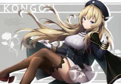 Rule 34 | 1girl, absurdres, ascot, azur lane, black thighhighs, blonde hair, blue eyes, braid, breasts, cape, character name, closed mouth, crossed legs, flower, gloves, grey background, hand up, hat, highres, huge filesize, kongou (azur lane), large breasts, long hair, long sleeves, looking at viewer, non (nobu), scan, simple background, skirt, smile, solo, thighhighs, thighs, uniform, white gloves, white skirt, zettai ryouiki