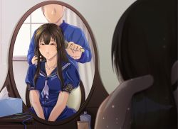 Rule 34 | 10s, 1boy, 1girl, black hair, blue dress, blue ribbon, blurry, breasts, brown eyes, brushing hair, commentary, commission, couple, depth of field, dress, faceless, faceless male, green ribbon, hair brush, hetero, highres, holding, holding own hair, iowa (pacific), jewelry, kantai collection, long hair, looking at mirror, medium breasts, melisaongmiqin, mirror, mole, mole under eye, multicolored ribbon, necklace, no headwear, pacific (kancolle), puffy short sleeves, puffy sleeves, red hair, red ribbon, ribbon, sad, sailor dress, short sleeves, smile, star (symbol), star necklace, tissue box, v arms