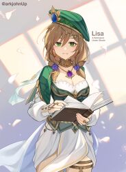 Rule 34 | 1girl, ark john up, blue gemstone, book, braid, breasts, brown hair, character name, cleavage, cowboy shot, flower, gem, genshin impact, green eyes, green hat, grey background, hair between eyes, hair flower, hair ornament, hair over shoulder, hat, highres, holding, holding book, jewelry, lisa (a sobriquet under shade) (genshin impact), lisa (genshin impact), long sleeves, medium breasts, medium hair, neck ring, necklace, official alternate costume, open book, parted lips, puffy long sleeves, puffy sleeves, purple flower, purple rose, rose, skirt, smile, solo, thighlet, thighs, twin braids, twitter username, vision (genshin impact), white skirt