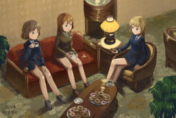Rule 34 | 3girls, blonde hair, blue eyes, brown hair, cecilia e harris, chair, charlotte e. yeager, coffee, couch, crossed legs, cup, doughnut, food, highres, kanokoga, lamp, marian e. carl, military, military uniform, multiple girls, noble witches, plant, plate, ray, red upholstery, saucer, shoes, sitting, strike witches, table, table lamp, teacup, uniform, world witches series