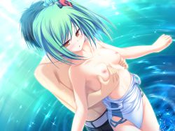 Rule 34 | 1boy, 1girl, :&lt;, blush, breasts, casual one-piece swimsuit, clothes pull, enomoto yoshika, game cg, grabbing, grabbing another&#039;s breast, green hair, hair ornament, highres, mole, mole under eye, nipples, one-piece swimsuit, one-piece swimsuit pull, side ponytail, skull hair ornament, small breasts, solo focus, sparkle, suzukaze no melt, swimsuit, tenmaso, wading, water, wet, yellow eyes