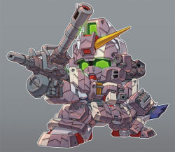 Rule 34 | chibi, clenched hand, green eyes, grey background, ground gundam, gun, gundam, gundam 08th ms team, holding, holding gun, holding weapon, mecha, radio antenna, redesign, robot, science fiction, shoulder cannon, solo, susagane, v-fin, weapon