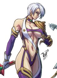 1girl armor bikini_armor breasts cleavage earrings gauntlets gloves highres isabella_valentine jewelry large_breasts lipstick lucaspflp makeup midriff navel revealing_clothes short_hair single_gauntlet solo soul_calibur sword toned underboob weapon whip whip_sword white_background white_hair