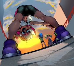 Rule 34 | 1boy, 2girls, abs, ass, bent over, bike shorts, blue eyes, blue hair, commentary, dark skin, eigaka, fangs, flat ass, flat chest, from below, giant, giantess, green hair, highres, inkling, inkling boy, inkling girl, inkling player character, kneepits, looking back, looking through own legs, mask, midriff, multiple girls, muscular, muscular female, navel, nintendo, pantylines, pink hair, pointy ears, shirt, shoes, sneakers, solo focus, sunset, t-shirt, tentacle hair, v, visor cap