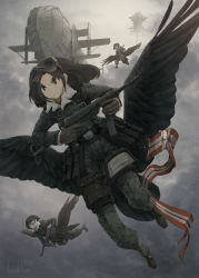 Rule 34 | aircraft, airship, ammunition pouch, asterisk kome, boots, cloud, dirigible, flag, flying, fur collar, gloves, goggles, goggles on head, gun, highres, jacket, military, military uniform, mp40, multiple girls, original, pilot suit, pouch, short hair, sky, streamers, submachine gun, uniform, weapon, winged fusiliers, wings