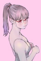 Rule 34 | 1girl, bare shoulders, blush, breasts, brown hair, cleavage, closed mouth, eyelashes, glasses, highres, light brown hair, looking at viewer, original, peco (pockleberry), pink background, pink theme, ponytail, red-framed eyewear, red eyes, simple background, smile, upper body
