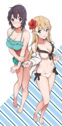 Rule 34 | 10s, 2girls, aqua eyes, bare legs, bare shoulders, barefoot, bikini, blonde hair, blush, breasts, cleavage, embarrassed, flower, frilled bikini, frills, front-tie top, full body, gamers!, hair flower, hair ornament, halterneck, hibiscus, highres, hoshinomori chiaki, large breasts, long hair, looking at viewer, medium breasts, multiple girls, navel, off shoulder, open clothes, open mouth, open shirt, parted lips, purple eyes, purple hair, sabo1038, scan, shiny skin, shirt, short hair, smile, standing, swimsuit, taut clothes, tendou karen, white bikini