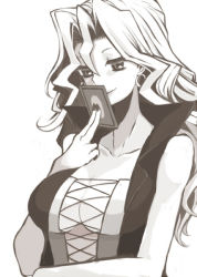 Rule 34 | 1girl, bad id, bad pixiv id, bare shoulders, bhpyy542, breasts, bustier, card, cleavage, covering own mouth, earrings, eyelashes, hair between eyes, jewelry, jitome, kujaku mai, large breasts, long hair, monochrome, nail polish, popped collar, smile, solo, vest, white background, yu-gi-oh!, yu-gi-oh! duel monsters