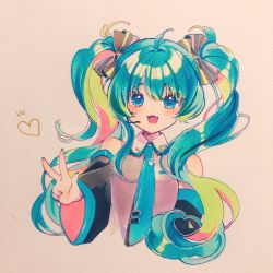 Rule 34 | 1girl, black bow, black sleeves, blue nails, blue necktie, bow, breasts, brown background, collared shirt, detached sleeves, fingernails, green eyes, green hair, grey shirt, hair between eyes, hair bow, hatsune miku, heart, long hair, long sleeves, nail polish, necktie, photo (medium), rinndouk, shirt, simple background, small breasts, solo, striped, striped bow, tie clip, traditional media, twintails, v, very long hair, vocaloid