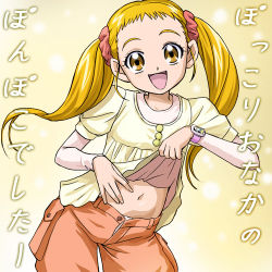 Rule 34 | 00s, 1girl, :d, blonde hair, brown eyes, clothes lift, eyelashes, haruyama kazunori, kasugano urara (yes! precure 5), lowres, midriff, navel, open mouth, precure, scrunchie, shirt lift, smile, solo, translation request, twintails, yellow background, yes! precure 5