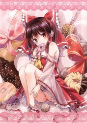 Rule 34 | 1girl, ankle cuffs, ascot, ass, barefoot, blush, bridal garter, brown hair, detached sleeves, doughnut, food, food on face, full body, hair ornament, hair ribbon, hair tubes, hakurei reimu, highres, japanese clothes, kure~pu, legs together, long sleeves, looking at viewer, miko, non-web source, red eyes, ribbon, scan, see-through, see-through sleeves, shirt, short hair, sitting, skirt, skirt set, solo, sweets, touhou, vest, wide sleeves, wrist cuffs, yellow ascot