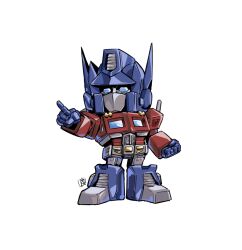 Rule 34 | autobot, blue eyes, chibi, clenched hand, full body, highres, mecha, mecha focus, nasutetsu, no humans, optimus prime, pointing, robot, science fiction, simple background, solo, transformers, transformers: generation 1, white background