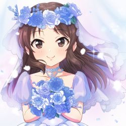 Rule 34 | 1girl, blush, bouquet, bridal veil, brown eyes, brown hair, closed mouth, collarbone, commentary request, dress, facing viewer, flower, hair flower, hair ornament, head wreath, highres, holding, holding bouquet, holding flower, idolmaster, idolmaster cinderella girls, idolmaster cinderella girls starlight stage, long hair, necocafe lili, petals, puffy short sleeves, puffy sleeves, rose, see-through, see-through sleeves, short sleeves, smile, solo, tachibana arisu, upper body, veil, wedding dress, white dress, white flower, white rose