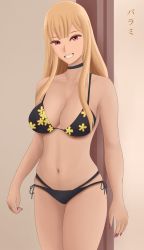 1girl bikini black_bikini black_choker blonde_hair breasts choker cleavage eyelashes female_focus floral_print grin highres kitagawa_marin large_breasts long_hair looking_at_viewer midriff multi-strapped_bikini naoyuki_arts navel simple_background smile solo standing swimsuit thighs