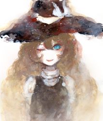 Rule 34 | 1girl, bad id, bad pixiv id, blonde hair, blue eyes, bonnou-s-rice, faux traditional media, female focus, hat, kirisame marisa, long hair, no nose, one eye closed, solo, touhou, upper body, wink, witch, witch hat