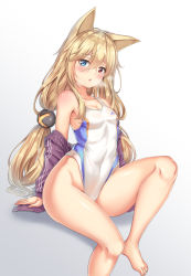 Rule 34 | 1girl, animal ears, bare legs, blonde hair, blue eyes, blush, breasts, cenangam, competition swimsuit, covered navel, full body, g41 (girls&#039; frontline), girls&#039; frontline, gradient background, heterochromia, highres, knee up, long hair, looking at viewer, one-piece swimsuit, parted lips, red eyes, sitting, small breasts, solo, swimsuit, thighs, very long hair, white one-piece swimsuit