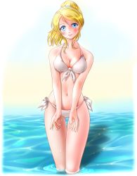 Rule 34 | 10s, 1girl, absurdres, ayase eli, bikini, blonde hair, blue eyes, blush, breasts, cleavage, front-tie top, highres, legs, long hair, long legs, looking at viewer, love live!, love live! school idol project, medium breasts, miharin, navel, ponytail, revision, side-tie bikini bottom, smile, soaking feet, solo, swimsuit, thigh gap, thighs, wading, water, wet, white bikini