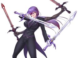 Rule 34 | 1girl, breasts, butler, dual wielding, extra arms, eyepatch, female focus, formal, holding, kagami hirotaka, large breasts, lilith-soft, long hair, looking at viewer, onmyou kishi towako, ponytail, purple hair, shiki reika, smile, solo, sword, weapon, yellow eyes