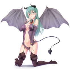 Rule 34 | 10s, 1girl, alternate costume, boots, bracelet, breasts, center opening, cleavage, demon girl, demon horns, demon tail, demon wings, detached sleeves, earrings, fingernails, fingers to mouth, garter straps, green nails, heart, heart earrings, high heel boots, high heels, horns, irohakaede, jewelry, kantai collection, kneeling, leather, leather boots, leotard, leotard pull, long hair, looking at viewer, nail polish, navel, revealing clothes, simple background, solo, demon girl, suzuya (kancolle), tail, talons, thighhighs, tongue, tongue out, white background, wings